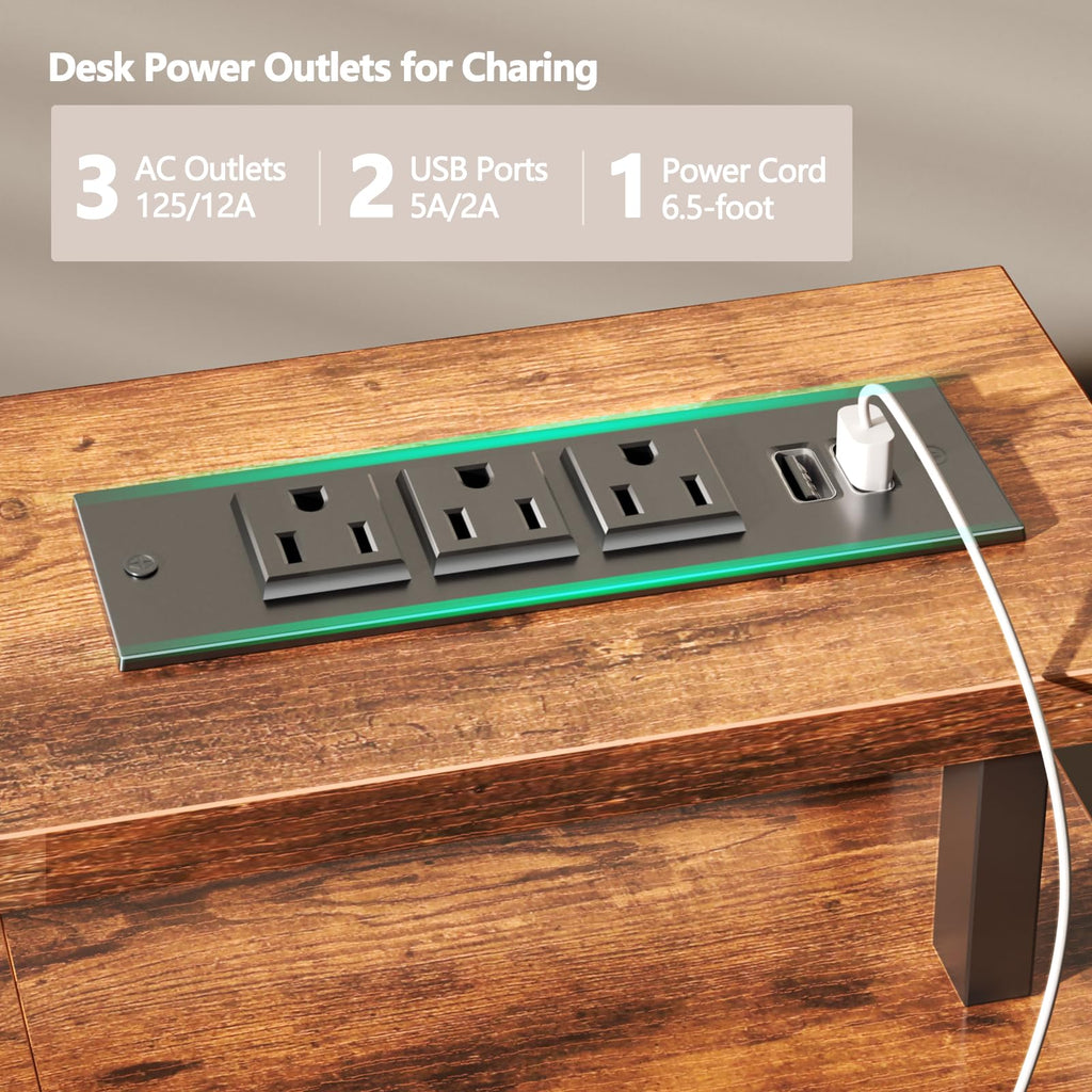 Furologee Computer Desk with Power Outlets & Monitor Stand, 47 Inch Reversible Gaming Desk with LED Lights & 4 Fabric Drawers, Writing Work Table for Home Office, Bedroom, Rustic Brown