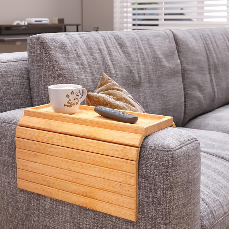 Danfoxer Sofa Arm Tray,Bamboo Folding Couch Arm Tray,Sofa Armrest Trays with Anti-Slip Pad for Drinks,Snacks,Phone,Remote Control（Natural）