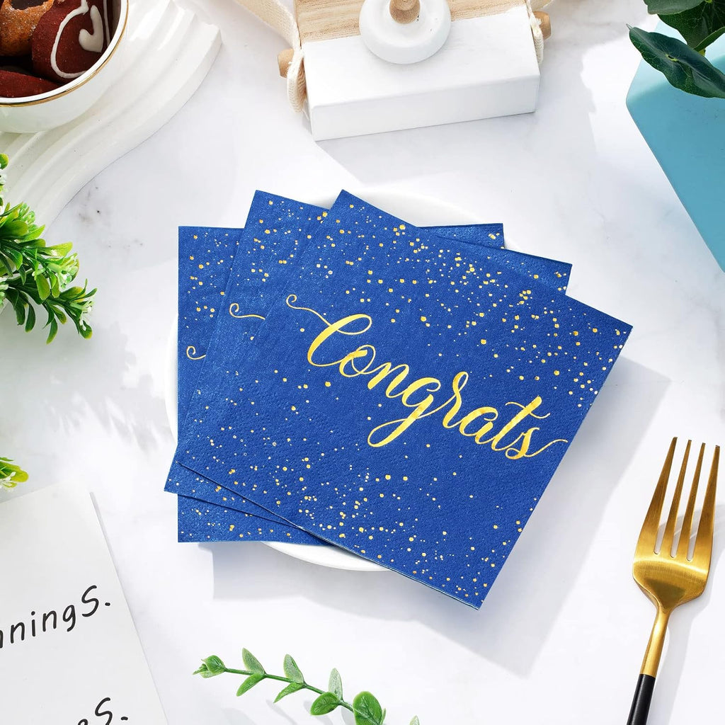 Whaline Graduation Cocktail Napkins - 80 Pack Blue & Gold Foil Congrats Design | Disposable Party Tableware