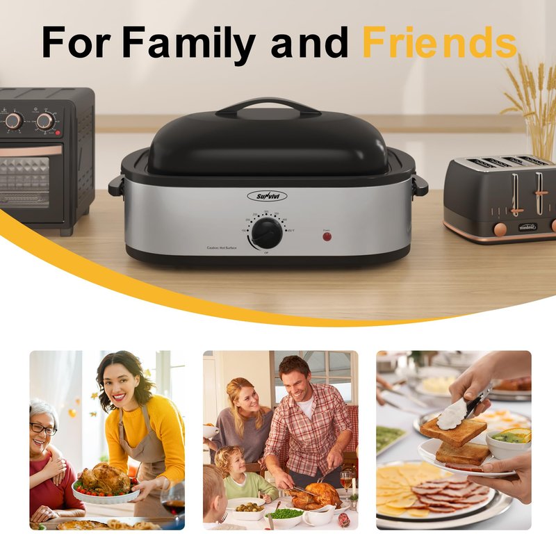 SUNVIVIPRO 14-Quart Electric Roaster Oven with Self-Basting Lid, Turkey Roaster Oven with Removable Pan and Rack, Stainless Steel, Sliver, 14 QT