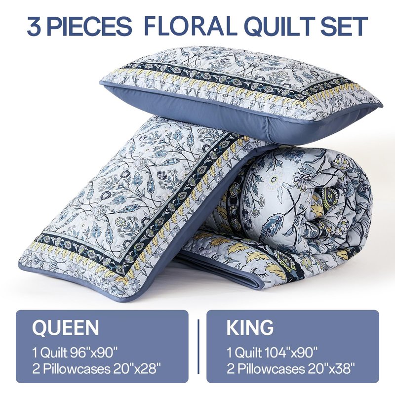 DJY King Size Quilt Sets, Navy Blue Floral Quilt Set King 3 Pieces Boho Bedspread Coverlet Set with 2 Pillowcases Soft Lightweight Microfiber Bedding for All Season (90"x104")