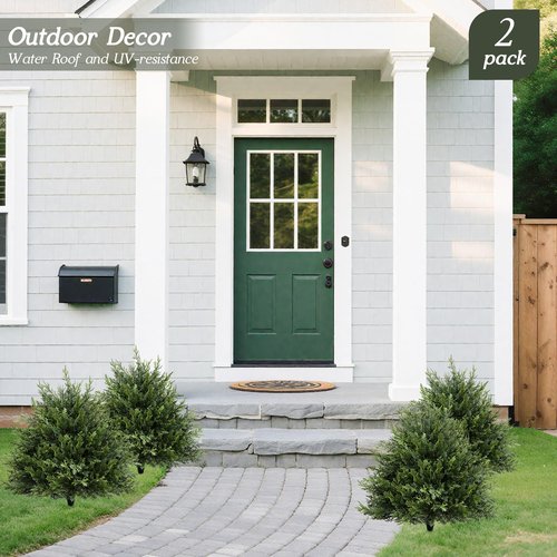 petalyn 28" Artificial Cedar Topiary Ball Trees with Spike, Set of 2 Faux Cedar Bushes, UV Resistant Fake Shrubs, Artificial Cypress Topiary Outdoor Plants for Indoor&Outdoor Front Porch Garden
