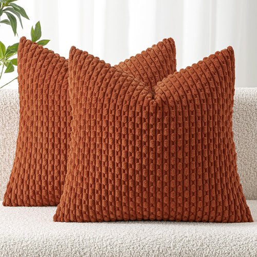 MIULEE Throw Pillow Covers - Soft Corduroy Boho Striped Decorative Set of 2 | 18x18 Inch Rust for Couch & Sofa