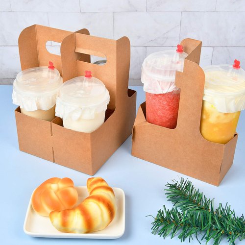 2 Cup Disposable Drink Carrier with Handle, Supkiir Kraft Paperboard Cup Holder for Hot or Cold Drinks, to Go Coffee Cup Holder for Food Delivery Service (20, Kraft)