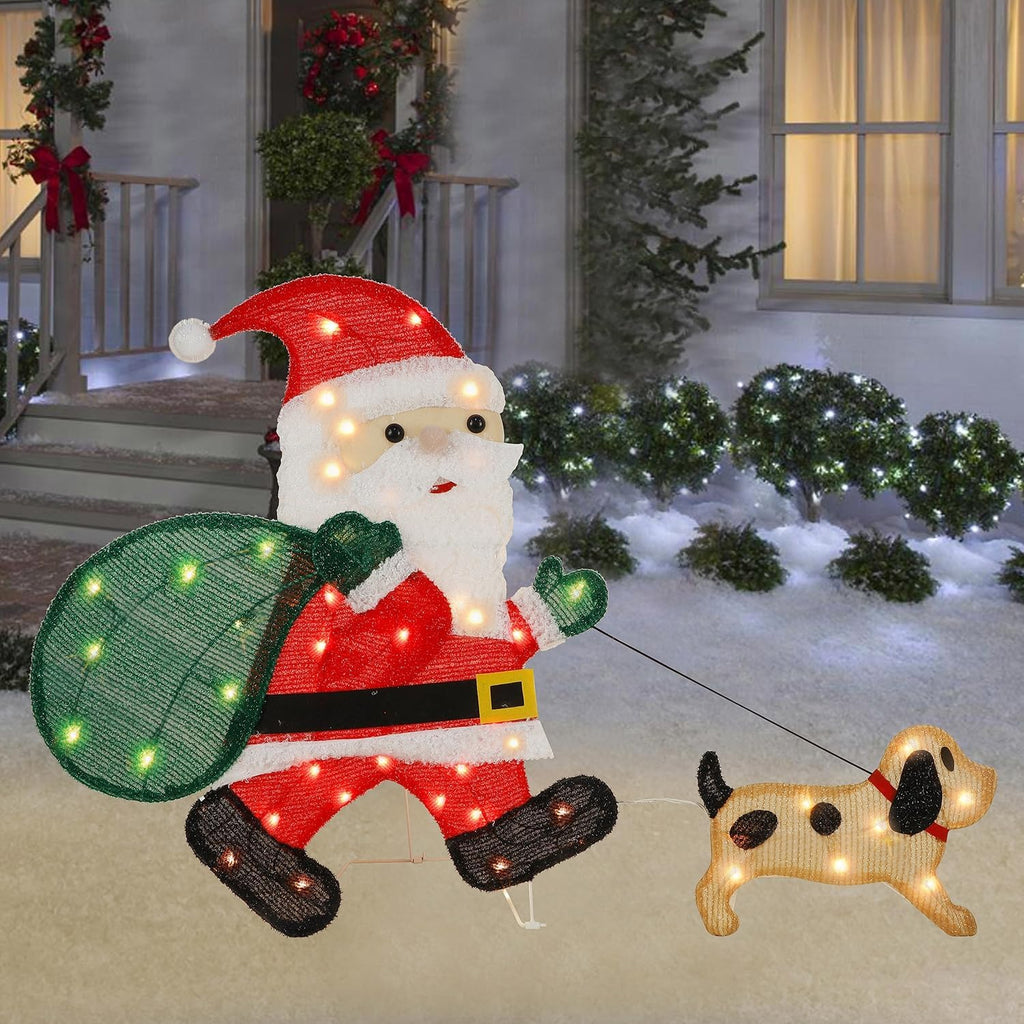 Waterglide Lighted Christmas Santa Claus with Puppy - 26.5 Inch Pre-Lit 2D Tinsel Outdoor Decor for Festive Holiday Display