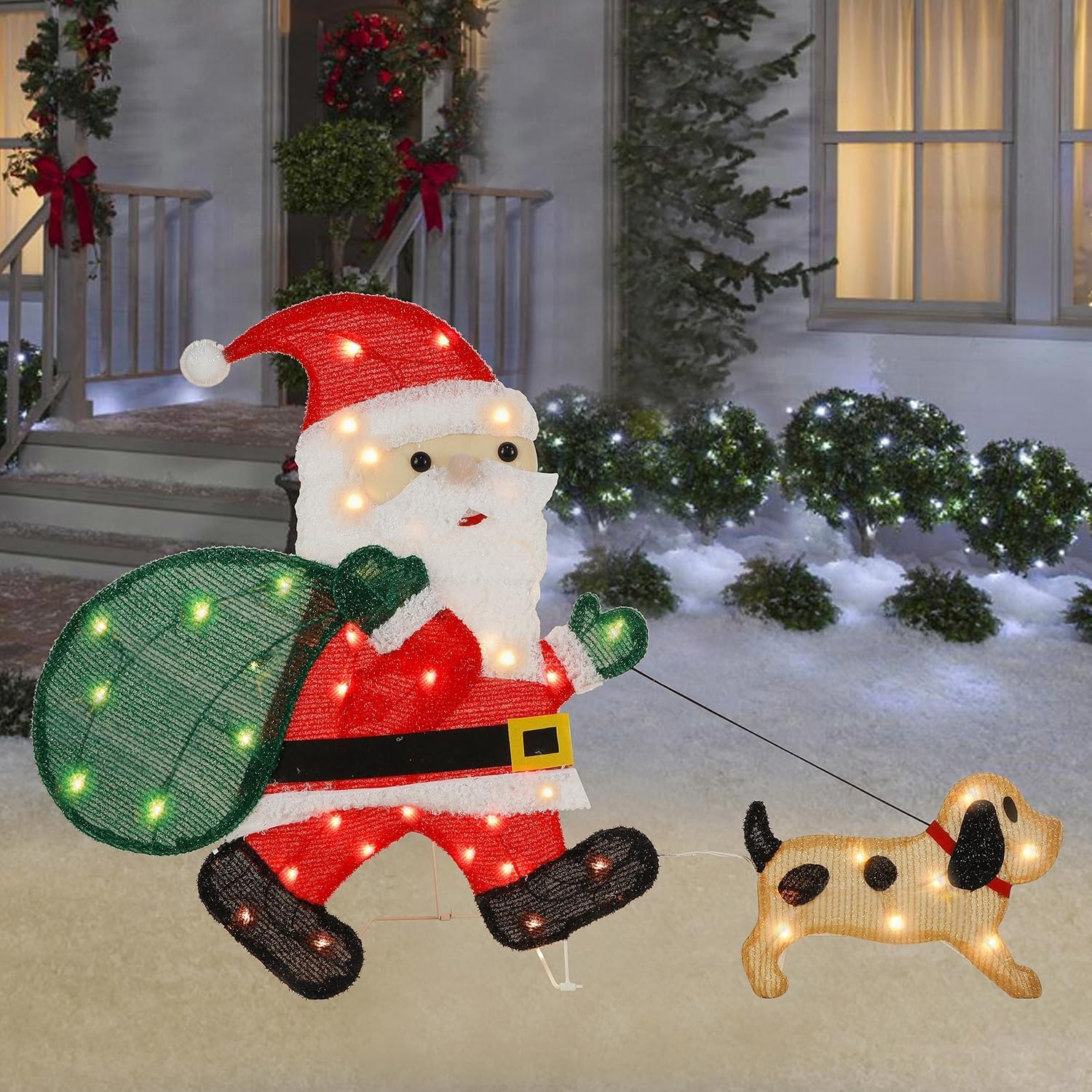 Waterglide Lighted Christmas Santa Claus with Puppy - 26.5 Inch Pre-Lit 2D Tinsel Outdoor Decor for Festive Holiday Display