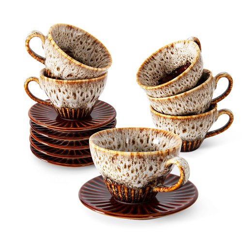 YINUOWEI 2 oz Espresso Cups Set of 6, Ceramic Cappuccino Cups with Saucers, Stackable Coffee Cup for Macchiato, Single shot, Tea, Coffee Lover Gifts, Glazed White