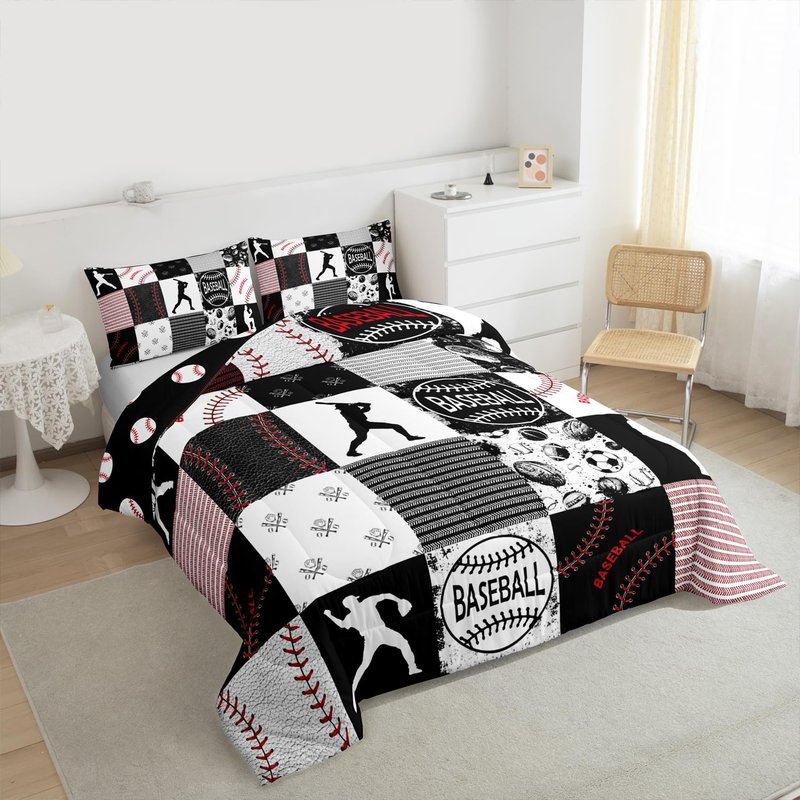 Erosebridal Twin Kids Baseball Comforter Set Softball Bedding Set Sports Game Quilted Comforter for Kids Patchwork Down Comforter Baseball Gift Duvet Insert 2pcs, Red Black Gray,Twin