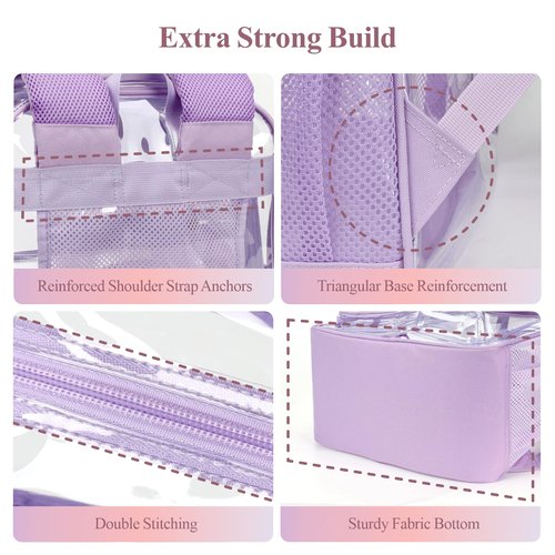 PACKISM Clear Backpack for School Work - 17 inch Heavy Duty Clear Bookbag with Reinforced Bottom, Transparent PVC See Through Security Backpacks for Students with 3 Front Pockets,Purple (Age 12+)