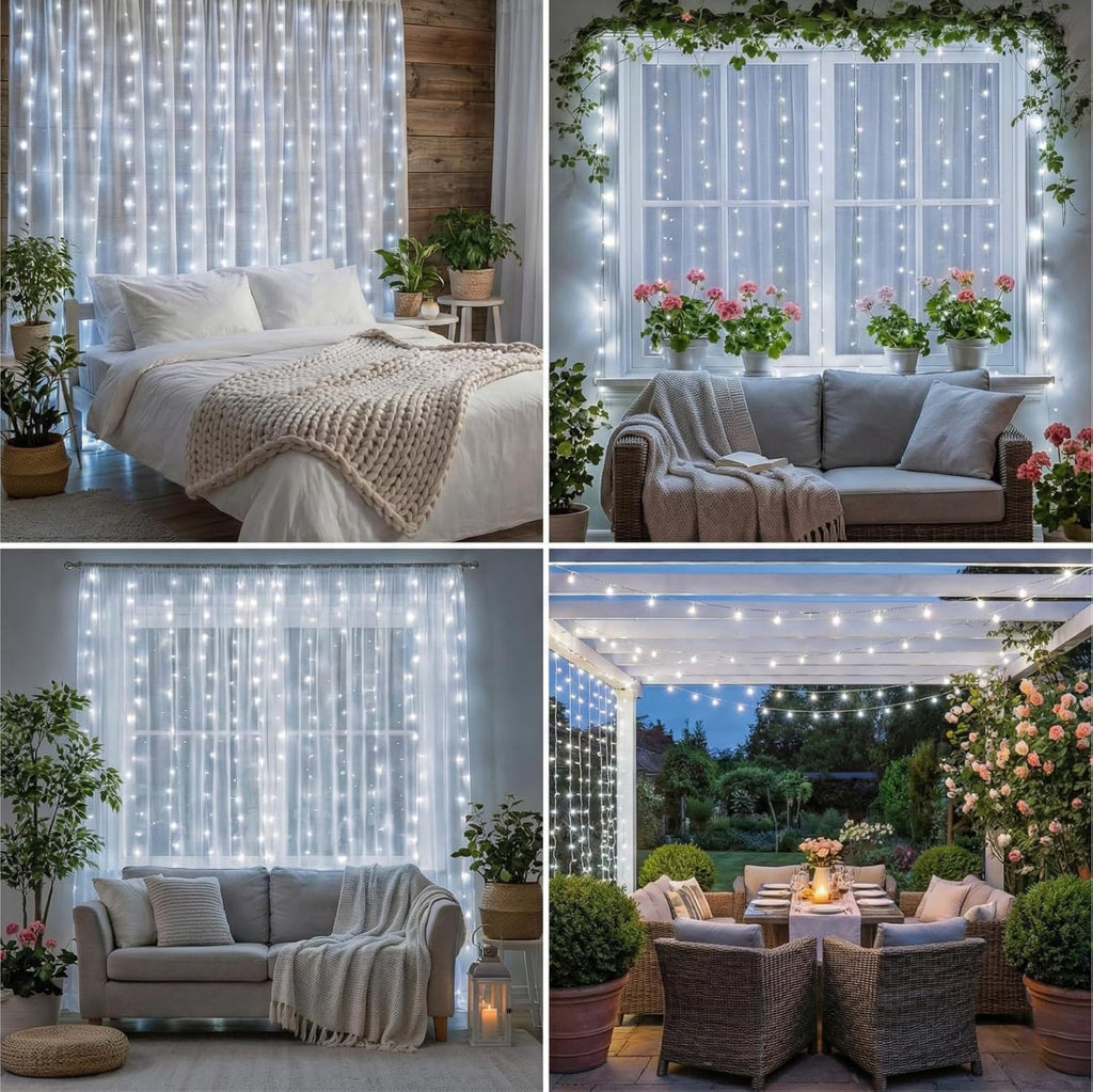 Skiennix 200LED Curtain Light - 6.6x6.6ft White Fairy String Lights with 8 Modes Remote for Indoor Decor