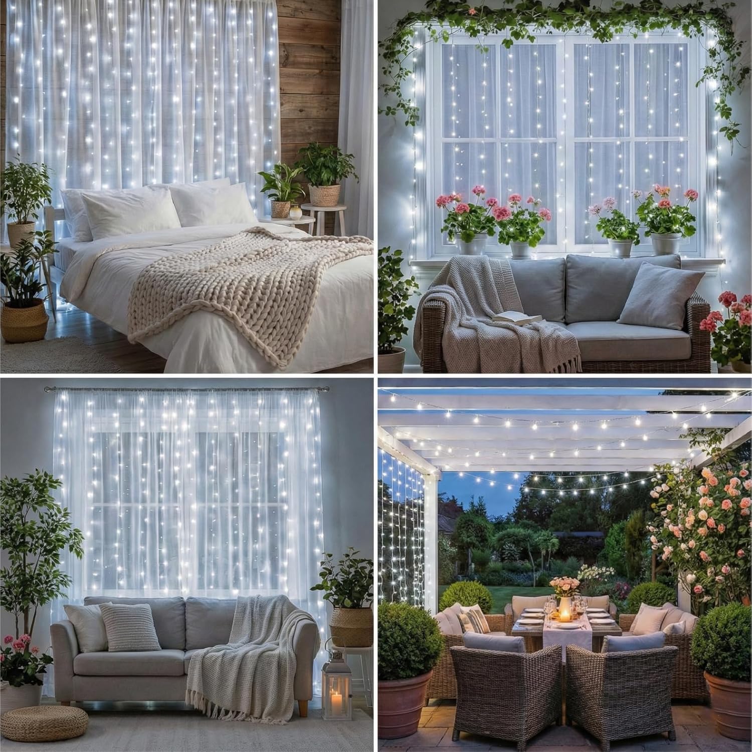 Skiennix 200LED Curtain Light - 6.6x6.6ft White Fairy String Lights with 8 Modes Remote for Indoor Decor