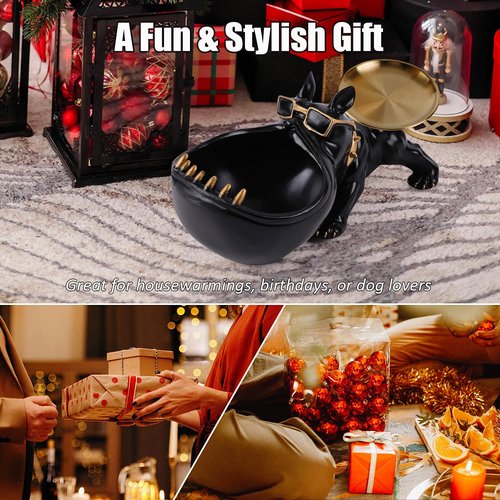 NVSHIQWEI BulldogBond American Bulldog Statue & Key Tray, Resin Candy Dish with Dual Storage for Entryway Table, Office Desk Decor, Home Gift for Dog Lovers-BLACK