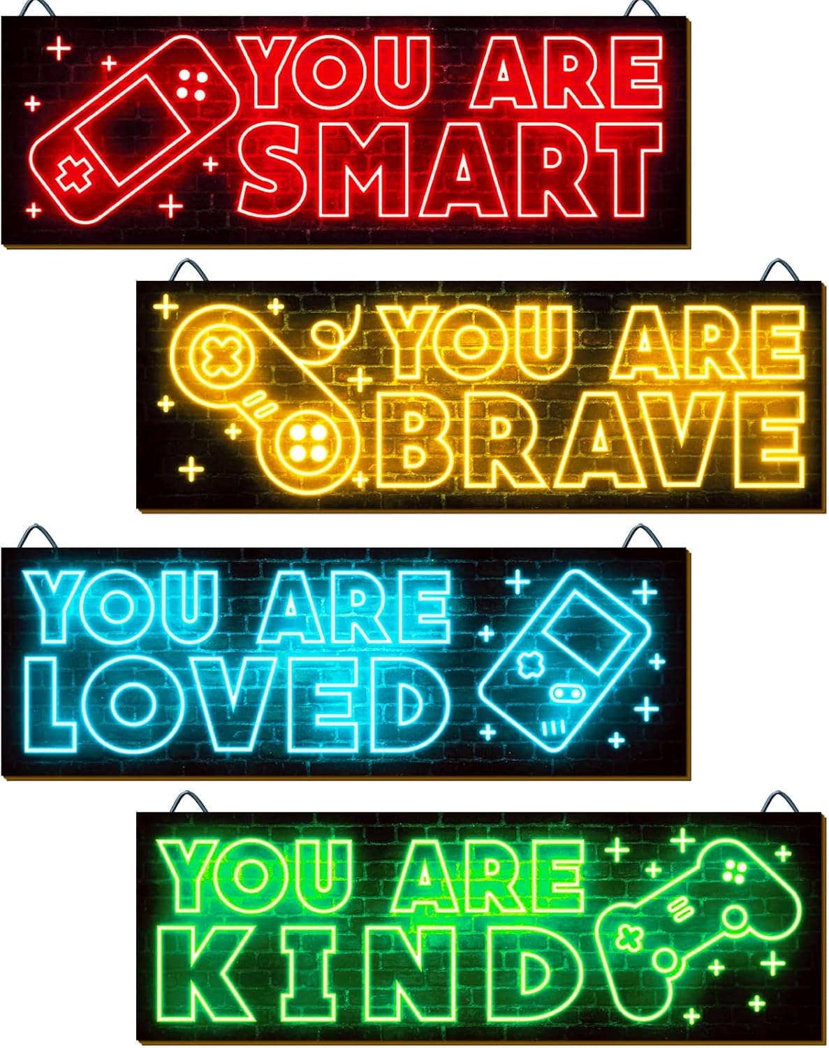 YLOLUL Neon Game Art Prints - 4-Piece Wood Wall Decor for Boys' Rooms | Inspirational Gamer Decor, 12 x 4 Inch, Red