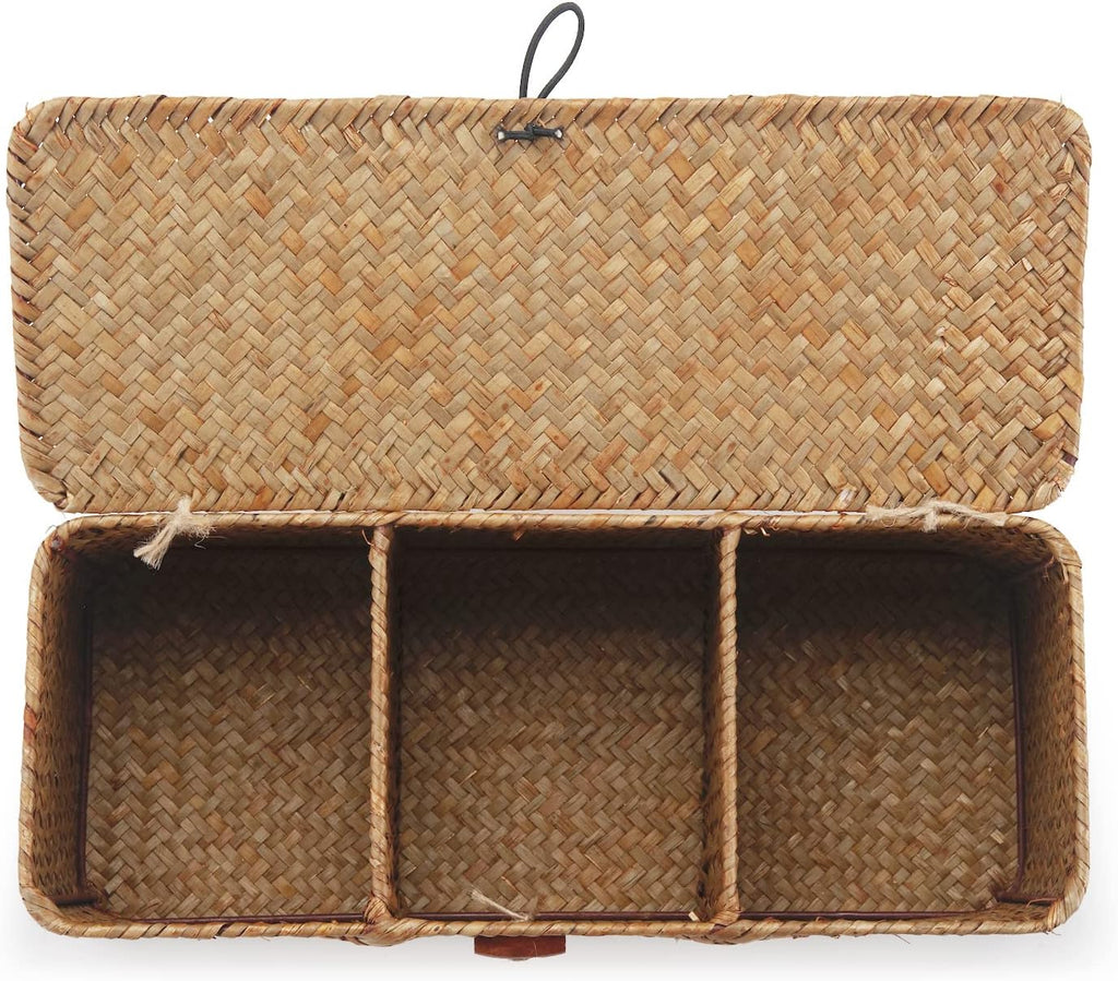 Seagrass Tank Basket - Woven Storage Basket with Lid for Organizing Snacks, Toys & More | Large 16.5" L x 5.5" W x 5.5" H