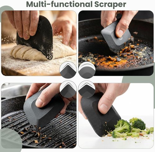 Cast Iron Cleaner | 316 Chainmail Scrubber with Long Handle - Dishwasher Safe Cleaning Kit (Black, 1 Scrubber + 1 Scraper)