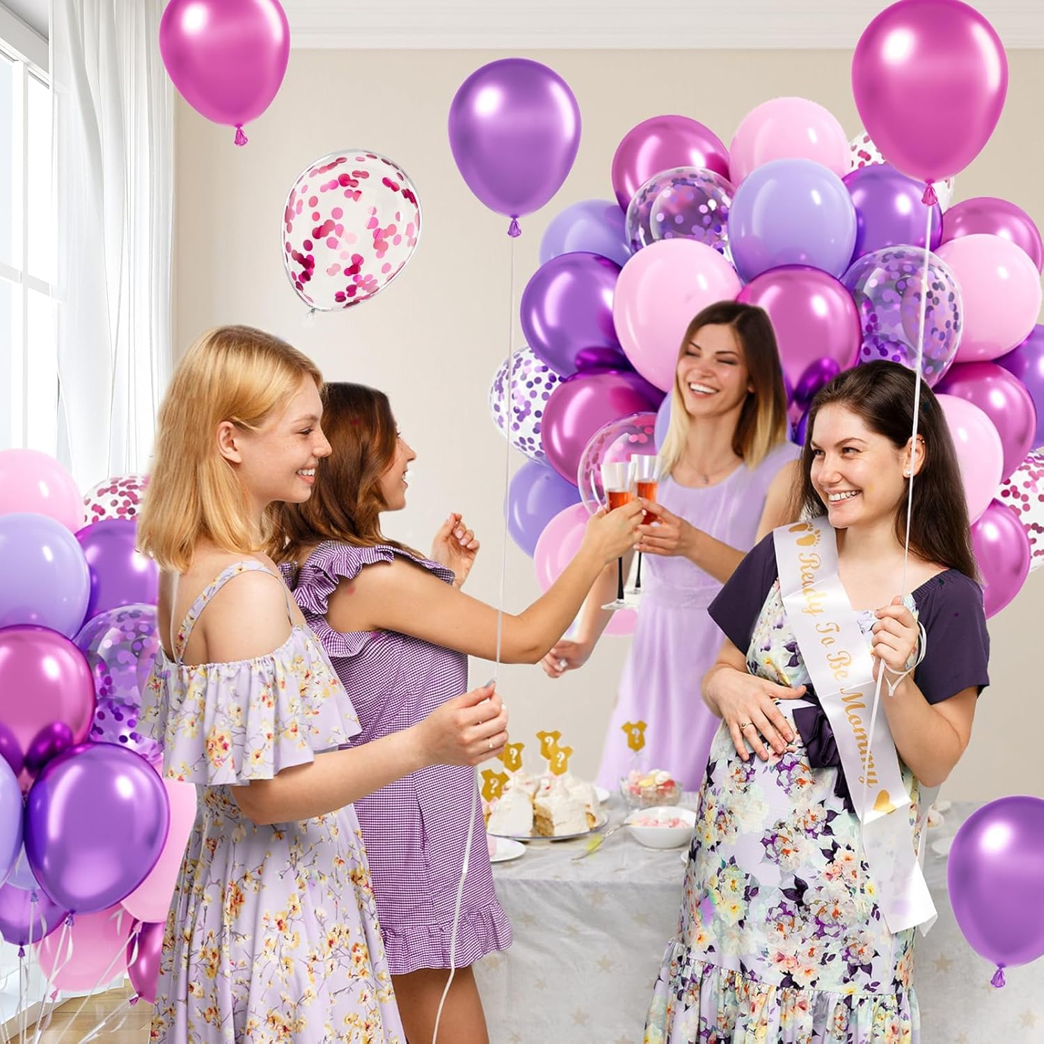 Skiennix 61-Piece Pink & Purple Balloon Set - 12-Inch Confetti & Metallic Balloons for Bridal, Baby Shower, and Birthday Celebrations