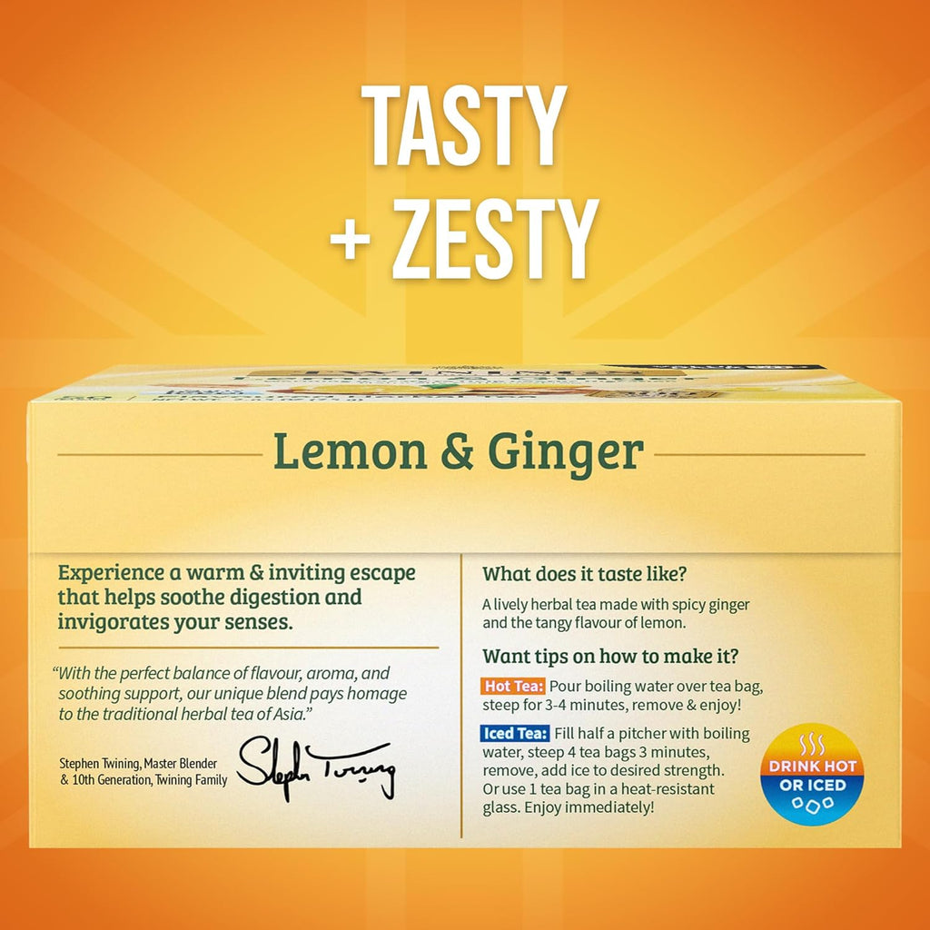 Twinings Lemon & Ginger Herbal Tea - Individually Wrapped Bags, 50 Count (Pack of 6) | Caffeine-Free, Enjoy Hot or Iced