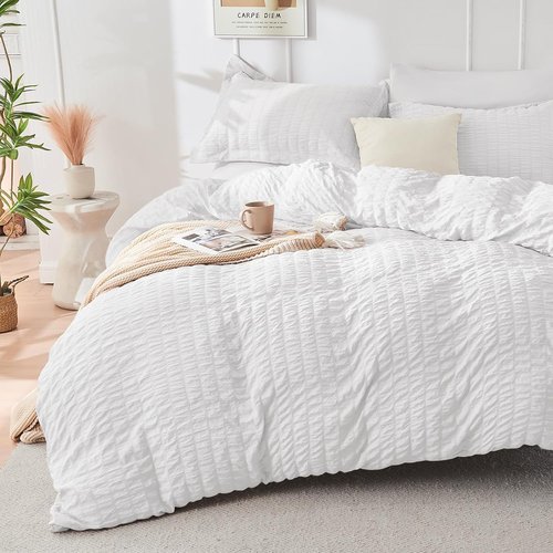 HYMOKEGE Twin Comforter Set - All-Season Luxury 5-Piece Bedding Set in White with Seersucker Design