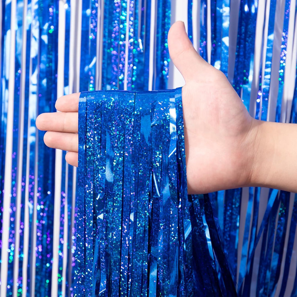 Voircoloria 3 Pack Laser Blue Foil Fringe Backdrop Curtains - 3.3 x 8.2 Ft Tinsel Streamers for Parties