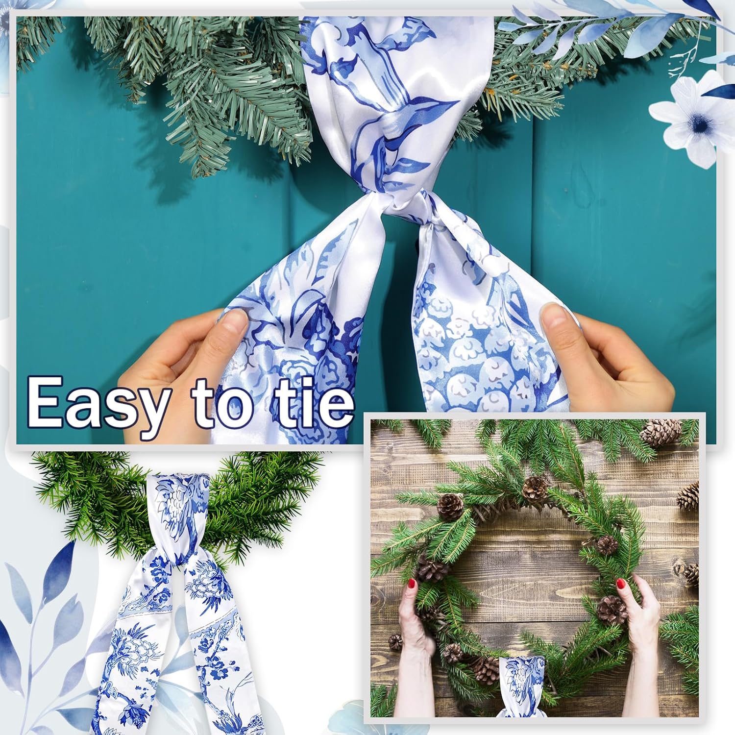 XunYee Wreath Sash Set - 6 Pcs Embroidery Monogram Decor for Weddings & 4th of July - Chinoiserie Design