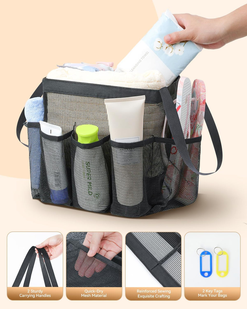 Temede Mesh Shower Caddy Tote - Large Portable Bath Organizer with 8 Storage Pockets | Quick Dry Design for College, Gym, Travel