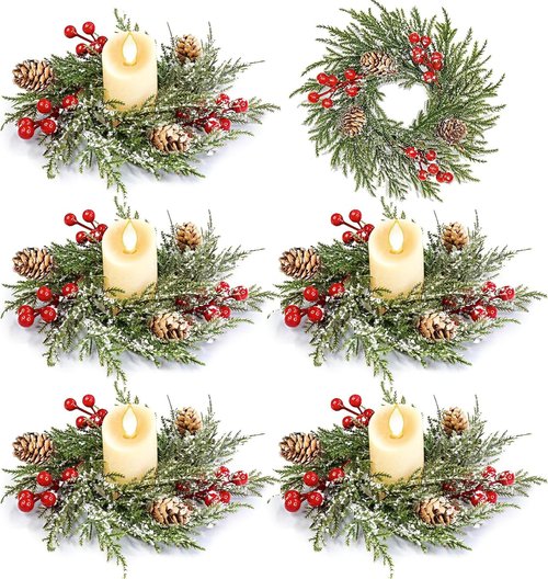 Flocked Mini Christmas Wreath Candle Rings by [Brand Name] - 6 Pack of 9"x3.5" Snowy Cypress Decor with 20 Branches, 21 Red Berries & 3 Pinecones