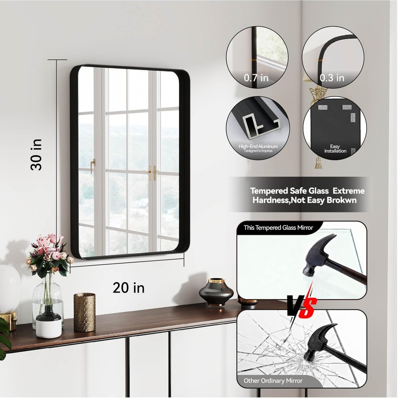 SCWF-GZ Rectangle 20x30 Mirror Thick Metal Frame Mirrors Wall Mounted Tempered Glass for Living Room Entryway Bathroom Horizontal or Vertical 20 30 inch Black