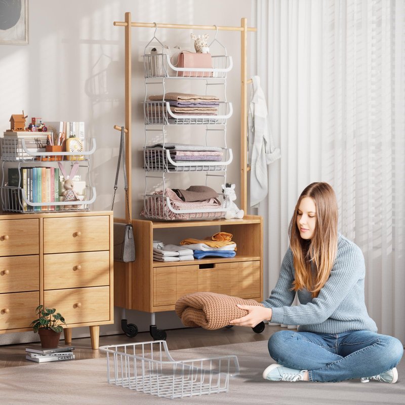 Metal Closet Hanging Organizer, 4 Tier Stackable Closet Organizers and Storage, Sturdy Clothes Hanging Shelves, Wire Storage Basket for Clothing Pants Coat Sweaters Handbags Hats, RV Pantry Organizer