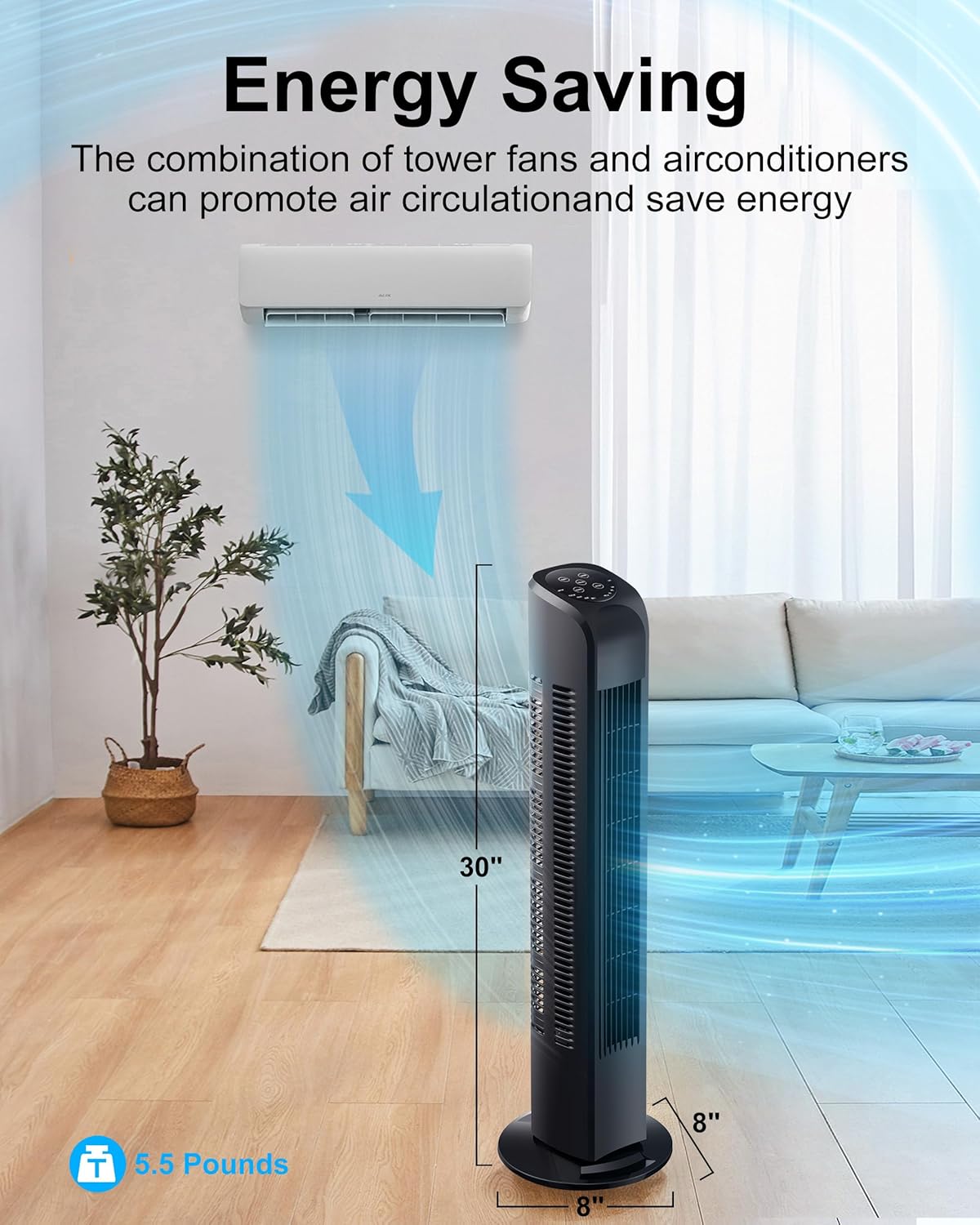 Uthfy Oscillating Tower Fan - Quiet Bladeless Electric Fan with Remote | 30-Inch Black Design for Home & Office