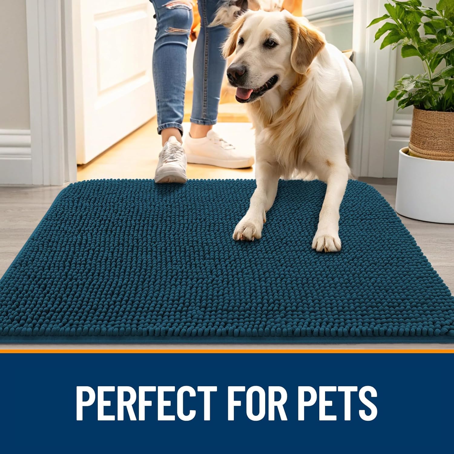 OLANLY Dog Door Mat - Absorbent Non-Slip Chenille Mat for Muddy Paws | 70x35, Atlantic Blue
