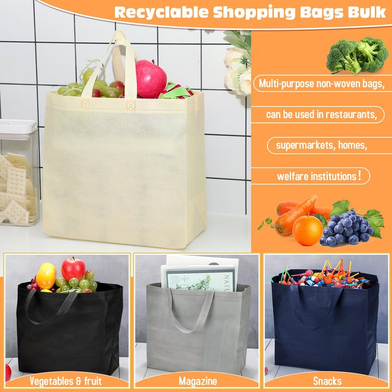 Windyun Reusable Grocery Bags Large Non Woven Shopping Bags with Handles Foldable Portable Tote Bulk, 12.6 x 11.8 x 6.3 Inch(Multicolor,200 Pcs)