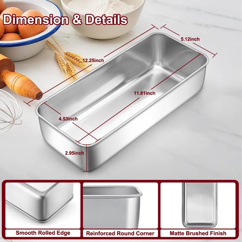 LIANYU 2 Pack Large Baking Loaf Pans Set, 12x5 Inch Stainless Steel Bread Pans, Metal Bakeware Set for Meatloaf, Sourdough Bread, Brownies, Healthy & Sturdy, Dishwasher & Oven Safe