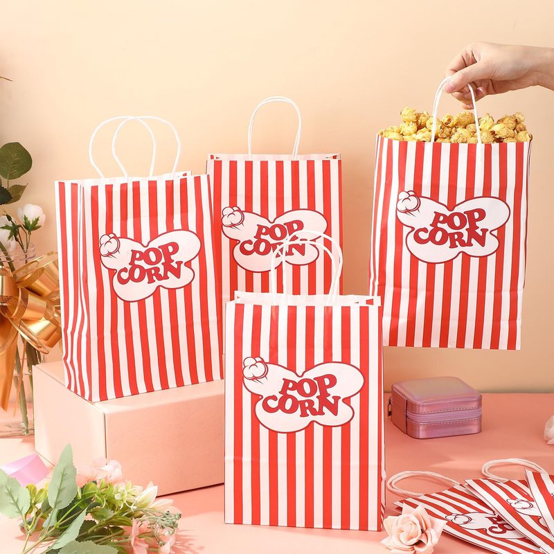 Gersoniel 100pcs 9.84 x 6.89 X2.95 Inch Large Hand-held Popcorn Bag, Classic Striped Popcorn Bag, Flat Bottom Paper Individual Food Tote for Carnival Birthday Movie Night Party Supply(Red and White)
