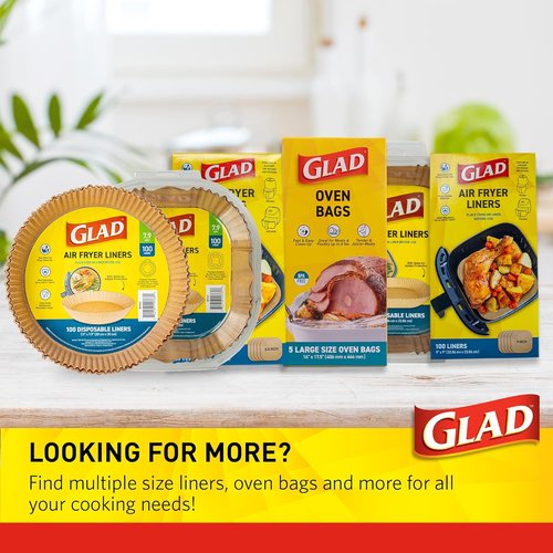Glad Air Fryer Liners - Nonstick & Heat Resistant, 9" Rounded Square Shape - 100 Count, Food Grade Material