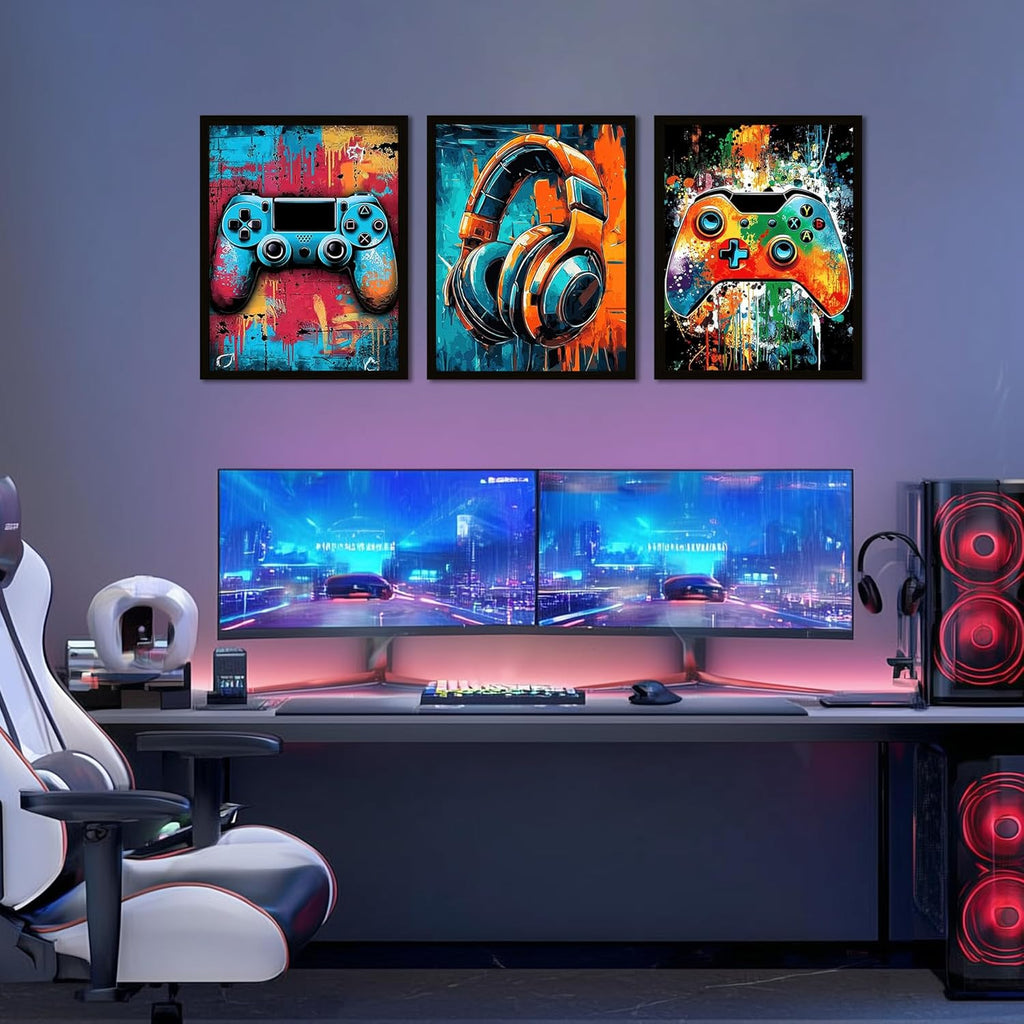 Skiennix Framed Gaming Wall Art - Neon Watercolor Graffiti Gamepad Decor | 8x10in, Set of 3