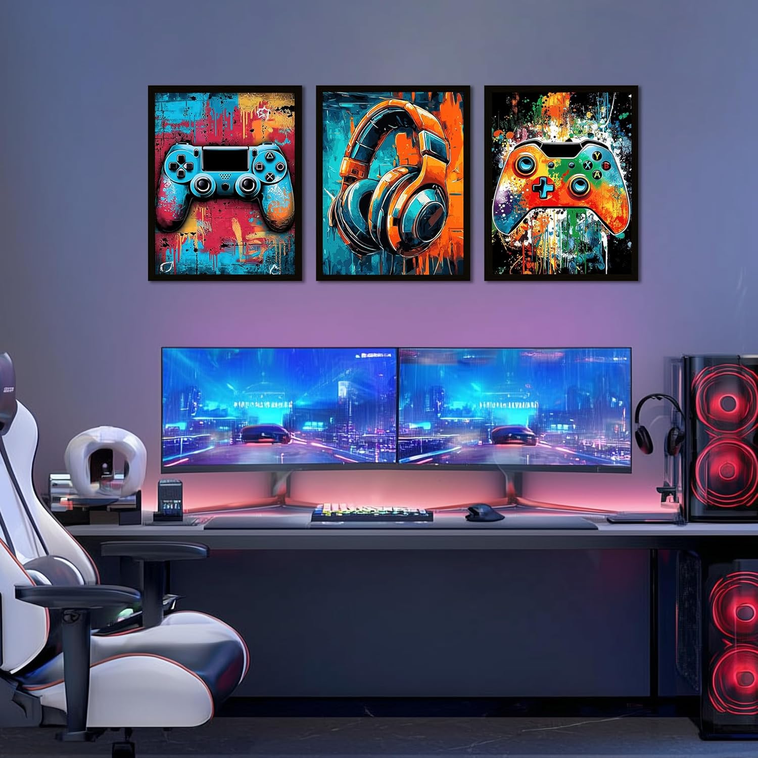 Skiennix Framed Gaming Wall Art - Neon Watercolor Graffiti Gamepad Decor | 8x10in, Set of 3