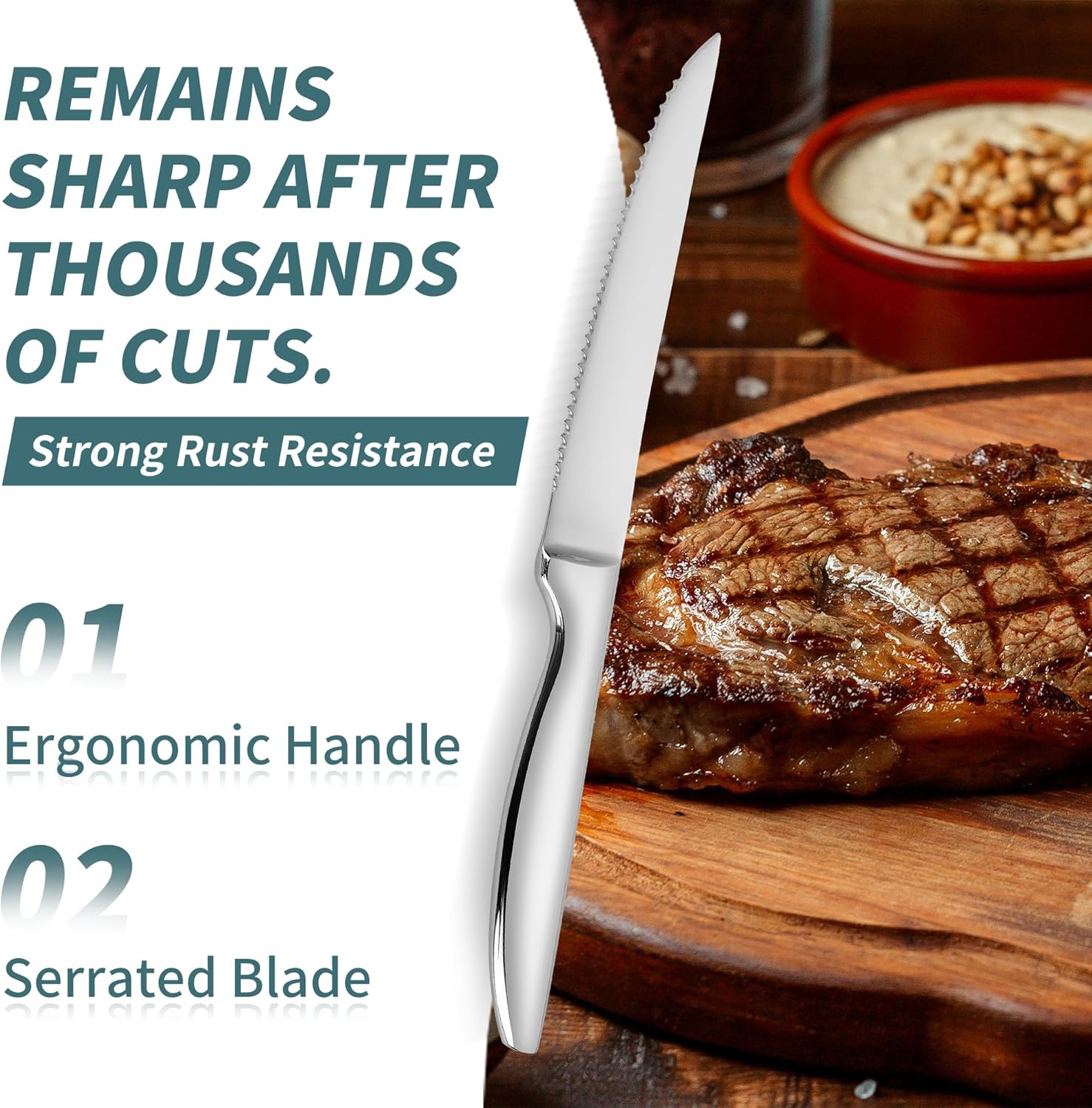 SuperCook Steak Knives Set - 12 Premium Stainless Steel Serrated Knives | Dishwasher Safe, Silver Finish