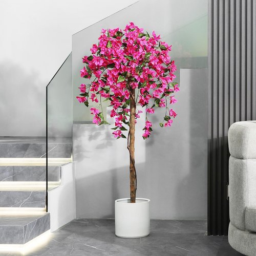 Laiwot 5FT Artificial Tree Tall Potted Fake Bougainvillea Trees for Outdoor Indoor Office Wedding Home Decor Lifelike Faux Plants with Wood Trunk and Pink Flowers