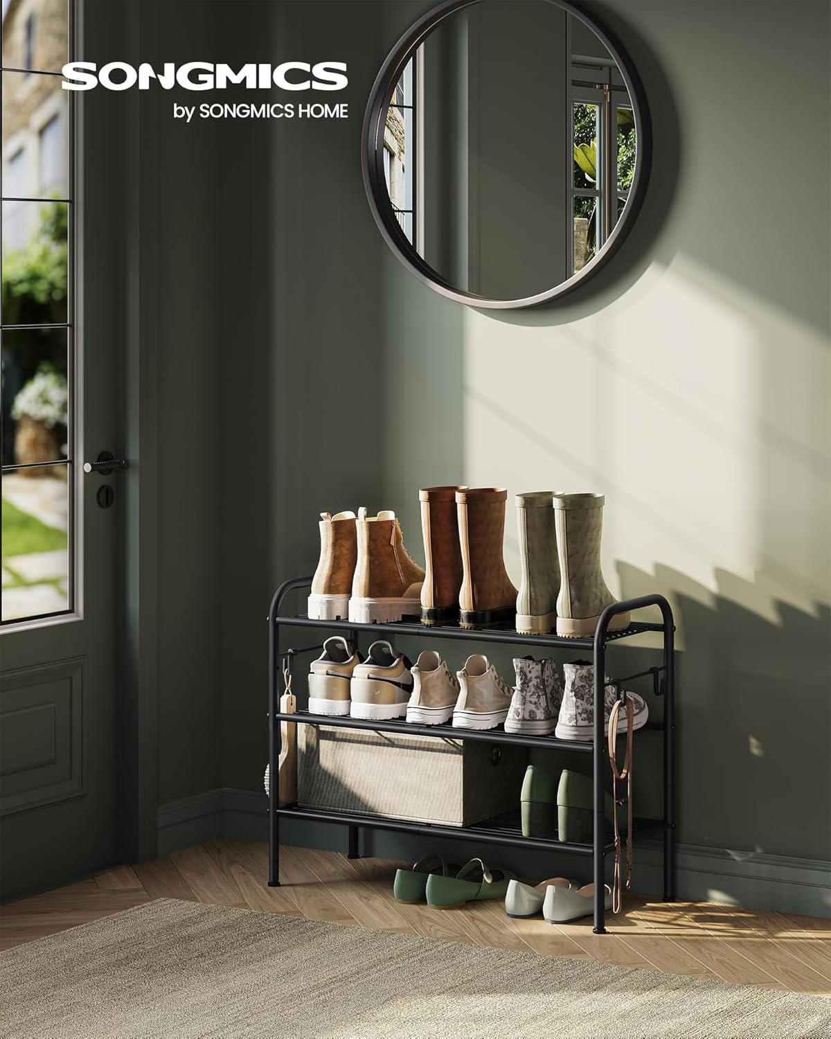 SONGMICS 3-Tier Shoe Rack - Height-Adjustable Metal Organizer with 4 Hooks | Holds 12 Pairs, Ink Black