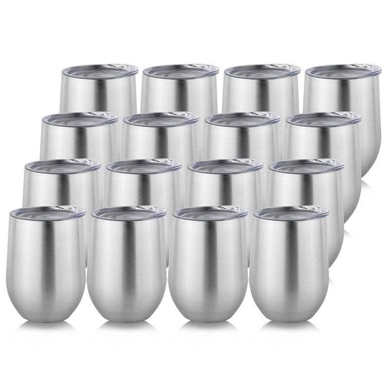 DOMICARE Stainless Steel Wine Tumbler Bulk with Lid, Personalized Insulated Tumblers Set, 12oz Travel Coffee Cups Pack of 16, Stainless steel