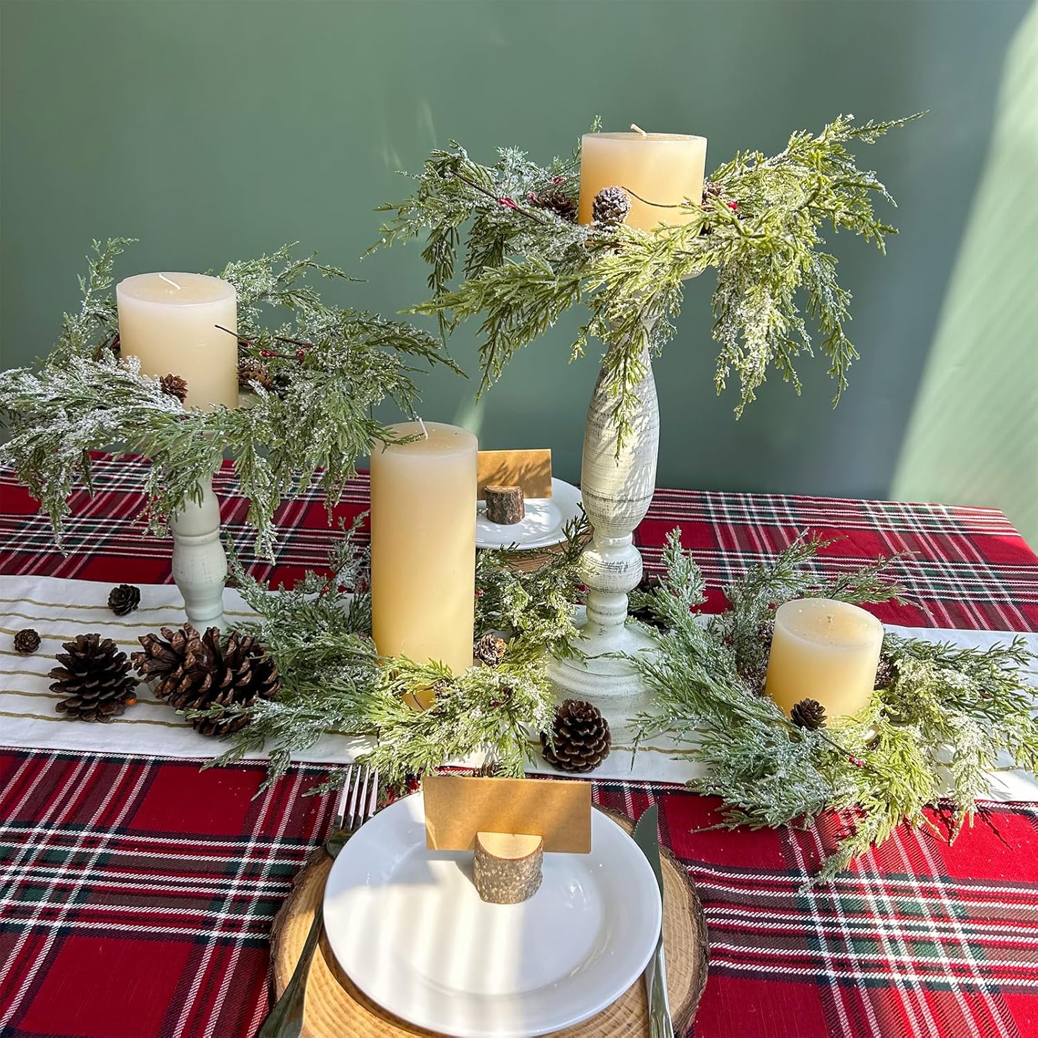 Winlyn Artificial Snowy Cedar Pine Candle Rings - 4 Pcs Winter Wreaths with Pine Cones & Red Berries | 15.7" Wide for Holiday Décor