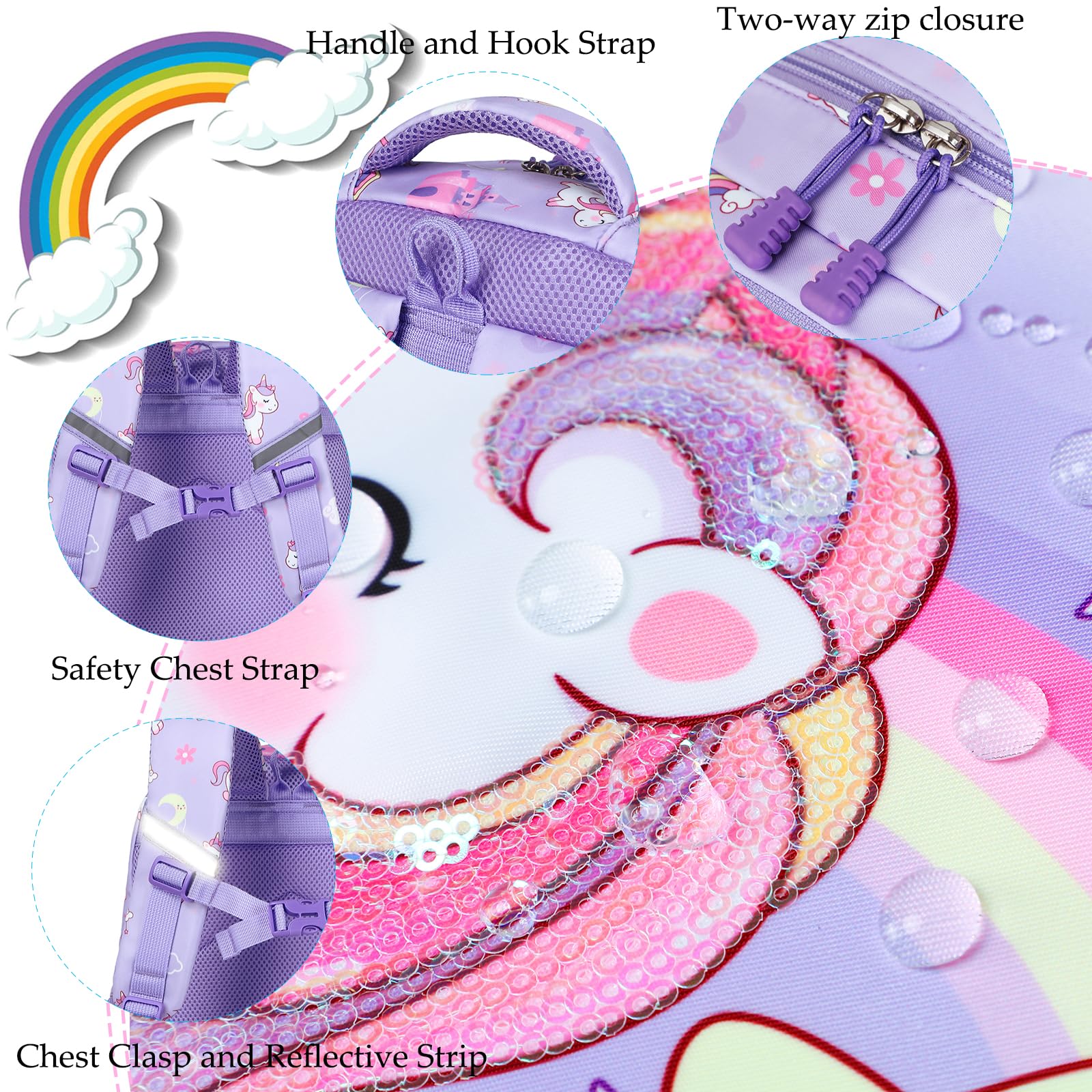 Dafelile Unicorn Backpacks for Girls Sequin Girls Backpack for Elementary Kids School Bookbag Set Water Resistant(Purple)