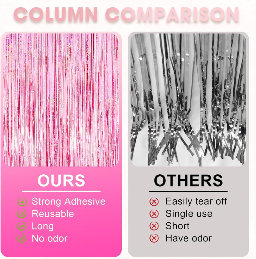 Voircoloria 3 Pack Laser Pink Foil Fringe Backdrop Curtains - Perfect for Birthday, Graduation & Baby Showers