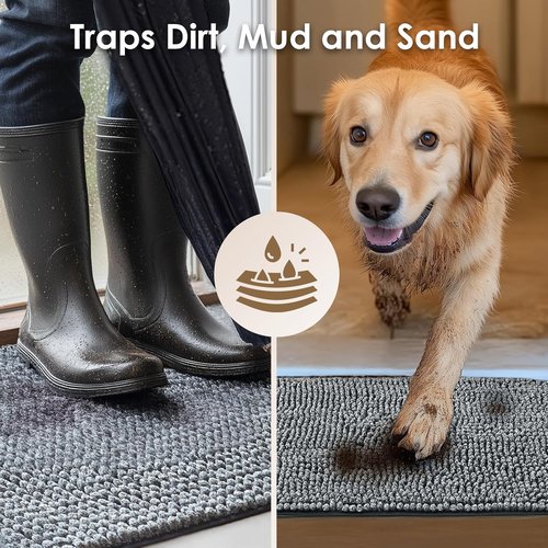 EHEYCIGA Super Absorbent Dog Door Mat - Quick-Dry Chenille, Non-Slip, 30x20 Inch, Grey
