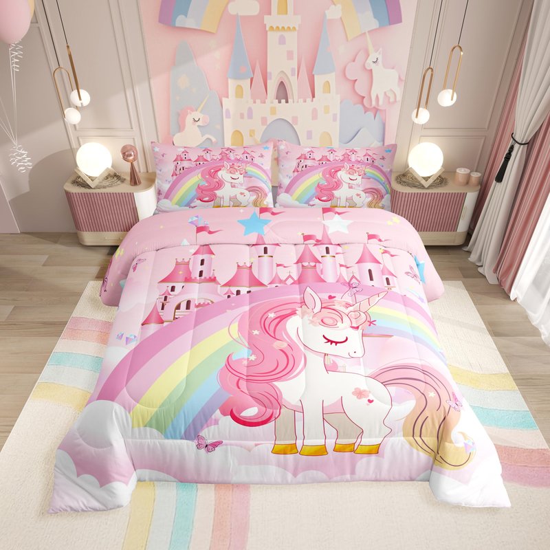 Erosebridal Unicorn Queen Comforter Set for Girls Kids Rainbow Princess Pink Unicorn Bedding Set Teens Adult Kawaii Cute Castle Stars Bed Sets Cartoon Horse Reversible Quilt Fantasy Girls Room Decor