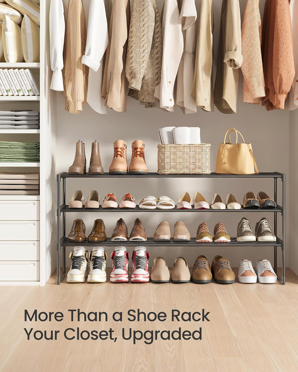 SONGMICS Shoe Rack - 3-Tier Metal Organizer for 20-24 Pairs | Stackable & Versatile Design, Black 11.8 x 46.1 x 21.7 Inches