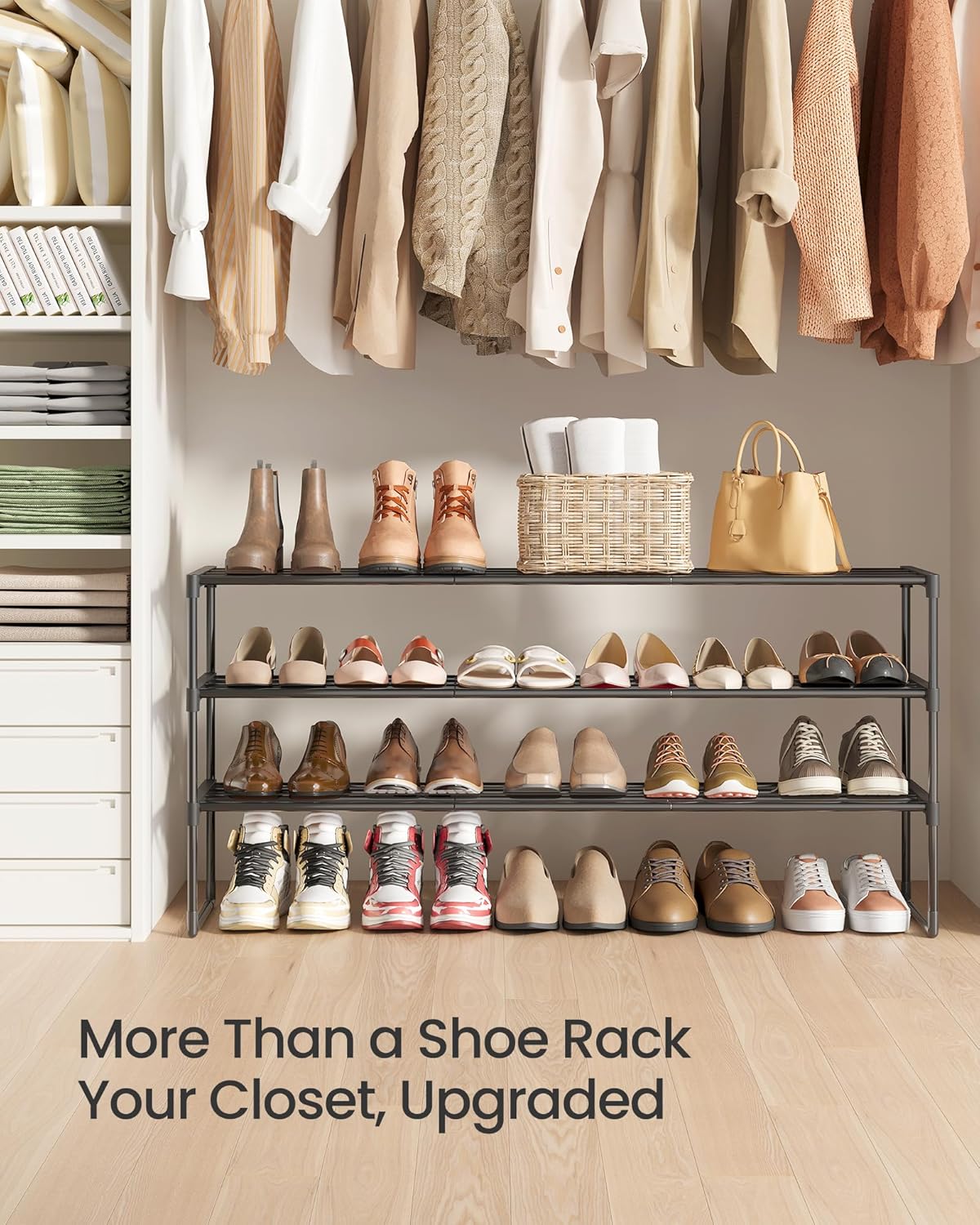 SONGMICS Shoe Rack - 3-Tier Metal Organizer for 20-24 Pairs | Stackable & Versatile Design, Black 11.8 x 46.1 x 21.7 Inches