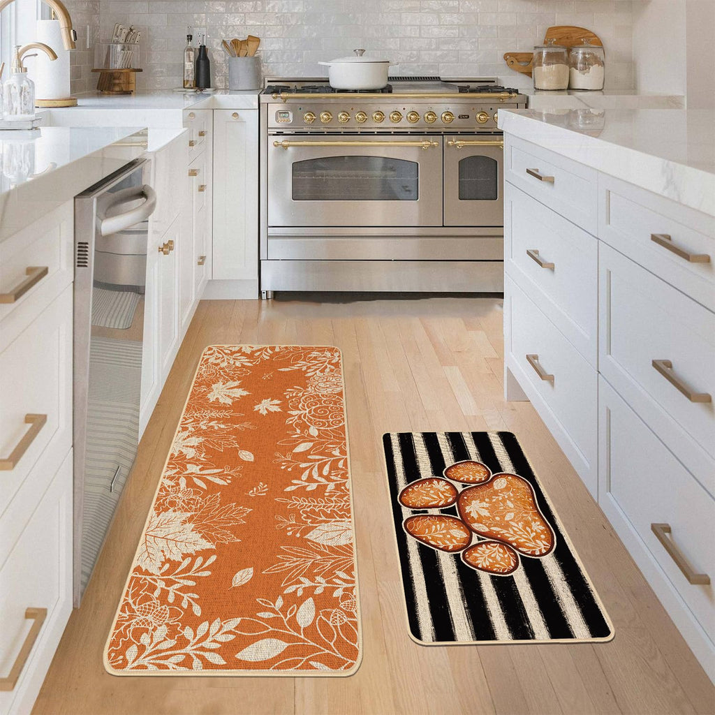 Baccessor Maple Leaves Fall Kitchen Mats Set of 2, Orange Dog Paw Black Stripes Kitchen Rugs for Floor Low-Profile Farmhouse Fall Thanksgiving Home Decor 17x29 and 17x47 Inch