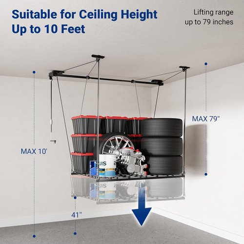 FLEXIMOUNTS Garage Lifting Metal Rack - Adjustable 4x4 Ft Overhead Storage System | Heavy-Duty 350lbs Capacity, Satin Black