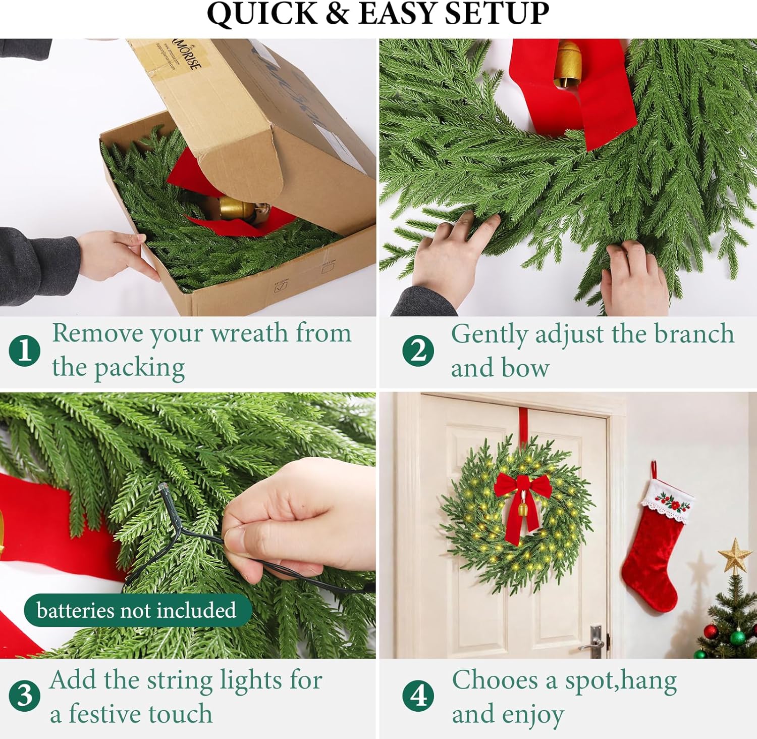 Skiennix Christmas Wreath - 26" Real Touch Pine with Lights, Bow & Bell | Festive Indoor/Outdoor Decor